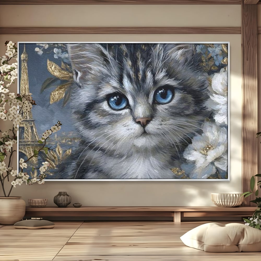 Tablou canvas cu tablou canvas cu pisica si turnul eiffel, in rama de aluminiu argintiu